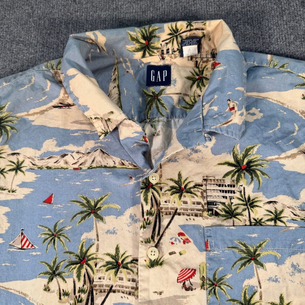 Gap Mens Blue Tropical Palm Tree Scenic Cotton Button Up Shirt Large #4213